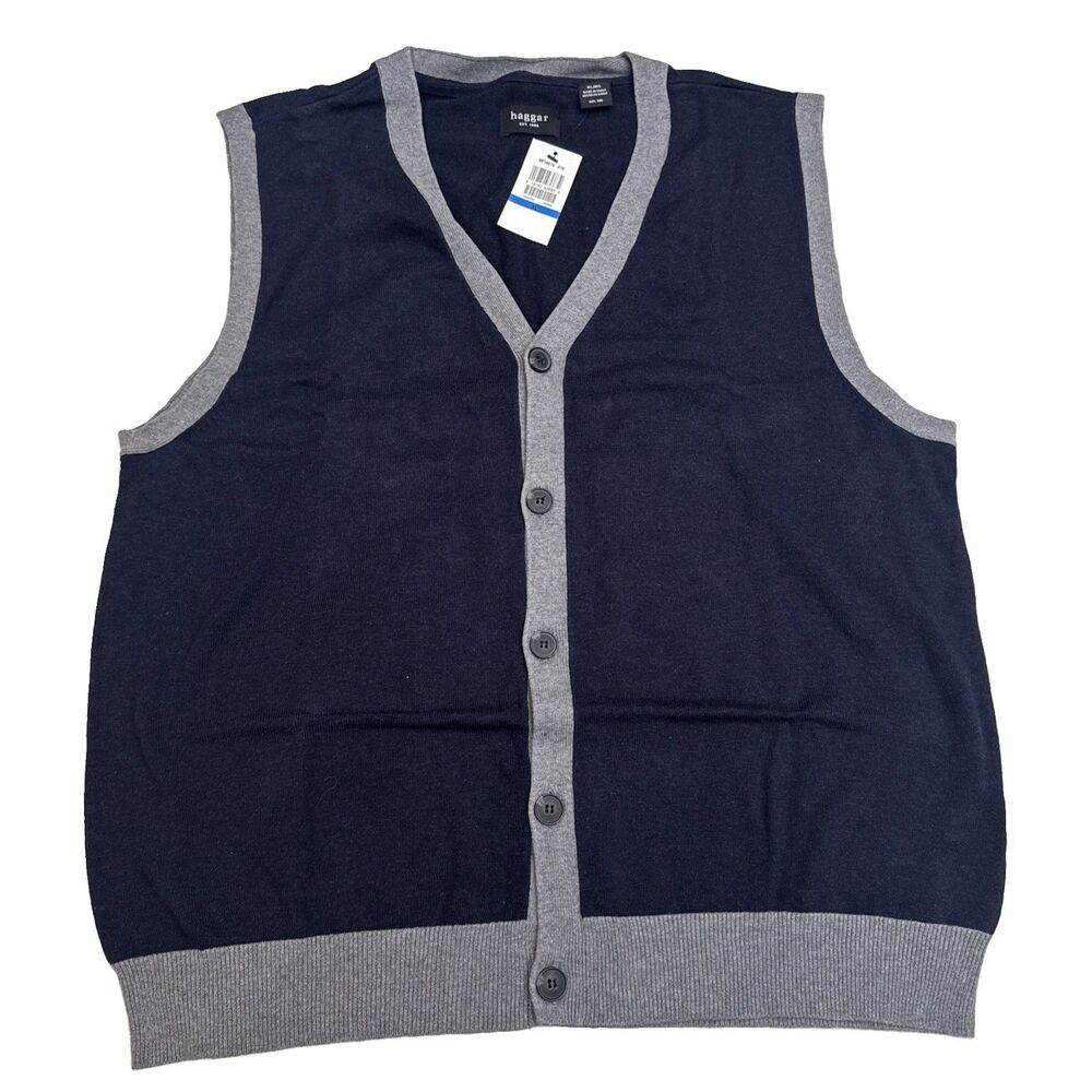 Haggar Mens Navy/Grey V-Neck Sweater Vest-Size XL HF10015 410 NEW WITH TAGS
